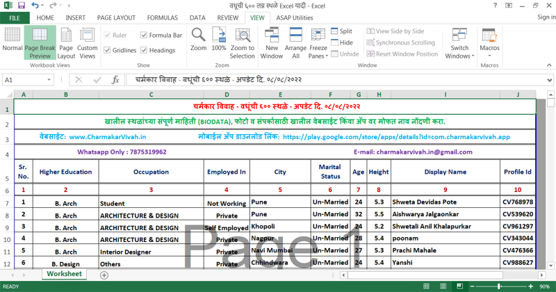 ६)  वधूची ६०० लग्न स्थळे Excel यादी